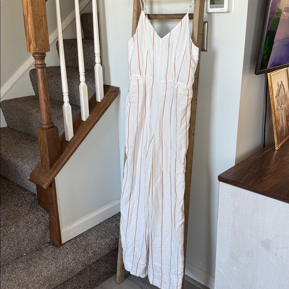 Anthropologie White Jumpsuit with Orange Stripes